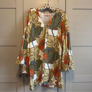 Anthropologie TRAFFIC PEOPLE 
Printed Linen Blend Mini Shift Dress - Green M/L